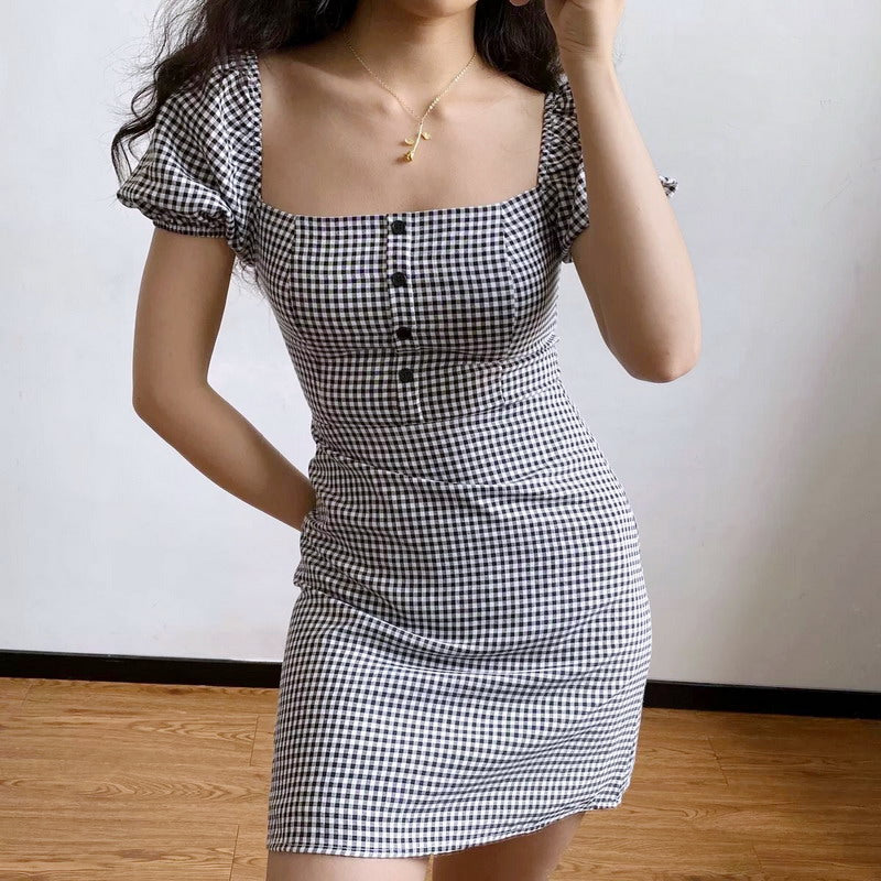 gingham bodycon dress Roman Retro Gingham Puff Dress ~ HANDMADE L