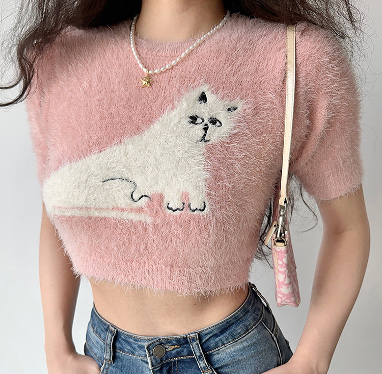 Pink Plush Kitty Pullover Sweater ~ HANDMADE