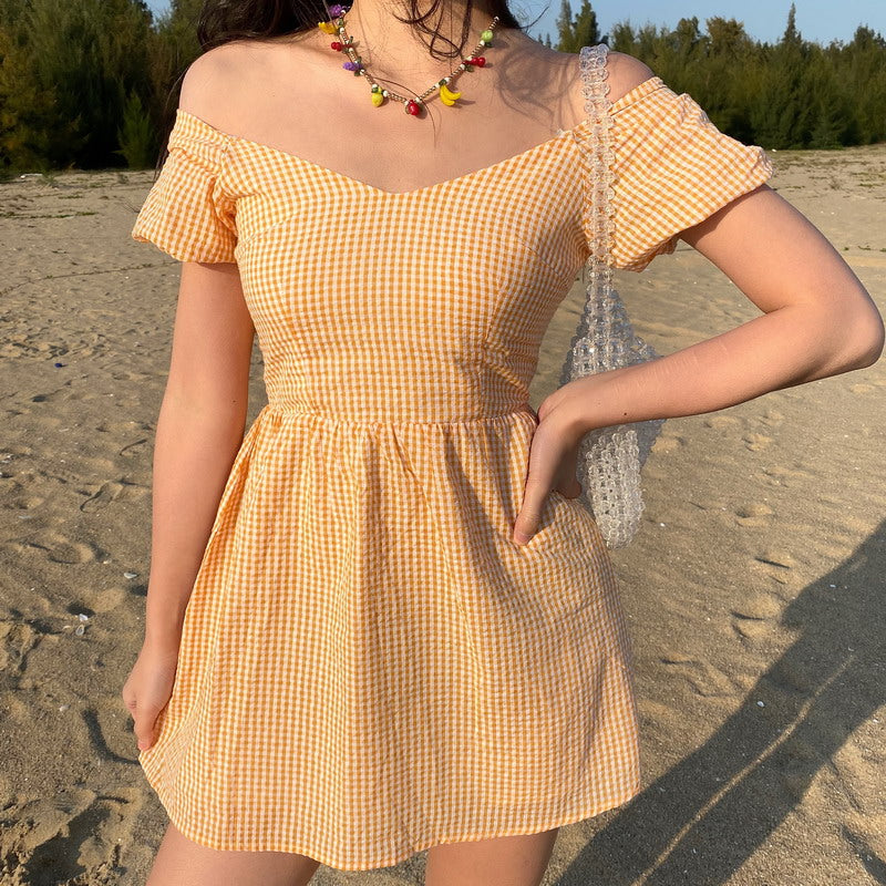 urban outfitters orange gingham dress Marseille Gingham Smocked Mini Dress