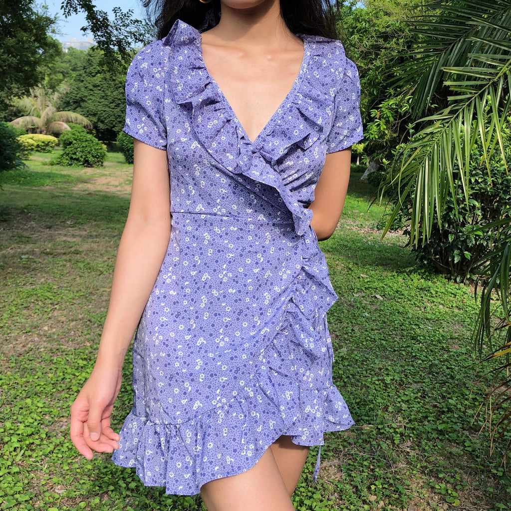 Purple Floral Ruffled Wrap Dress