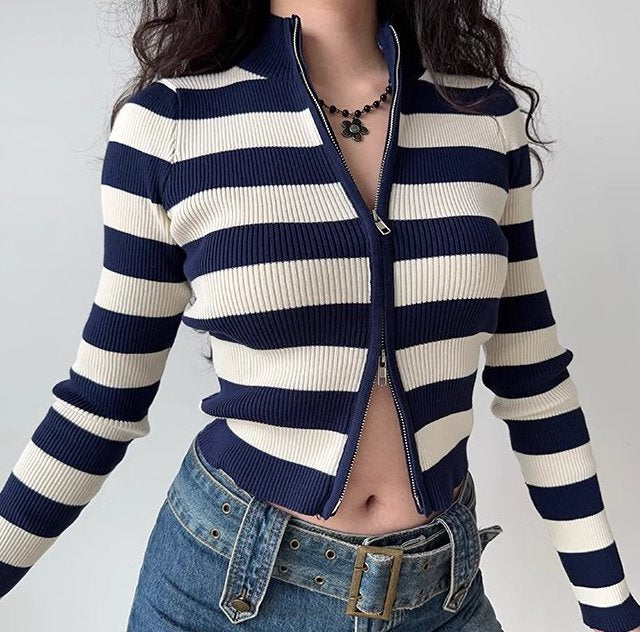 Knitted Stripe Double Zipper Cardigan