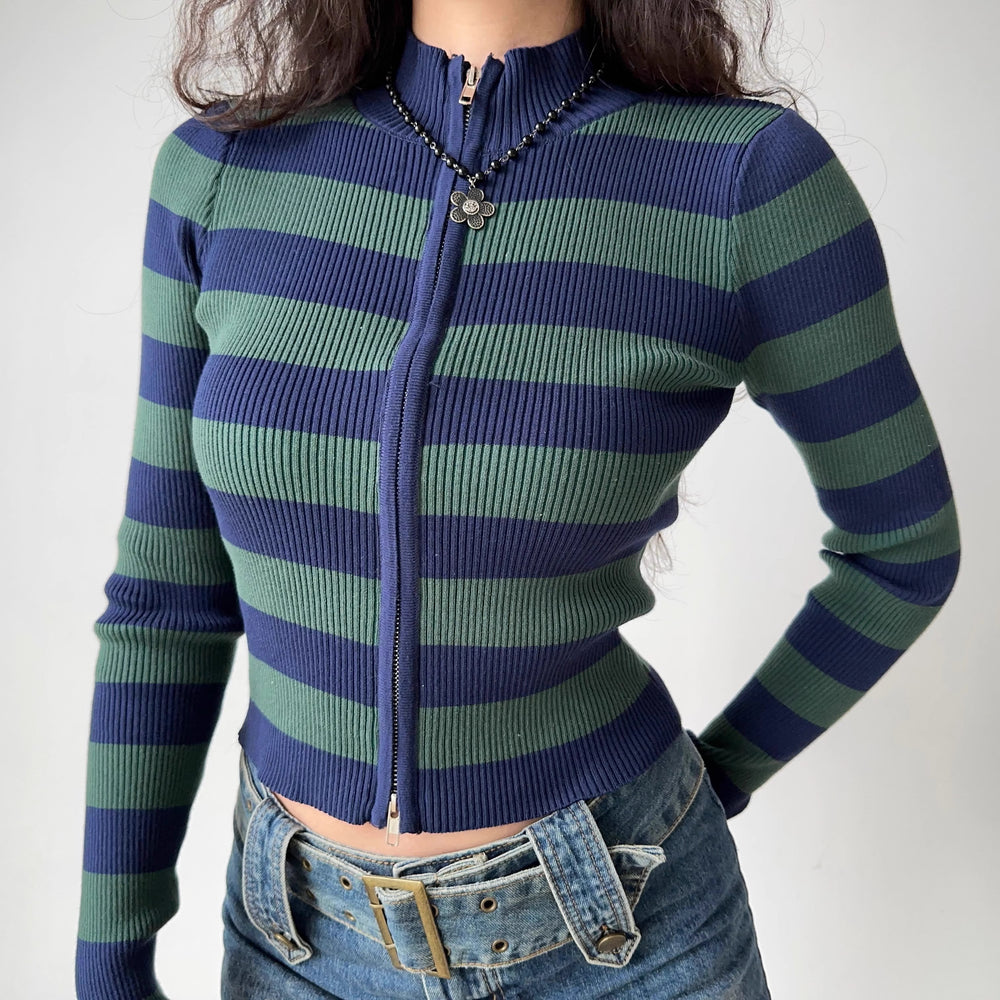 Knitted Stripe Double Zipper Cardigan