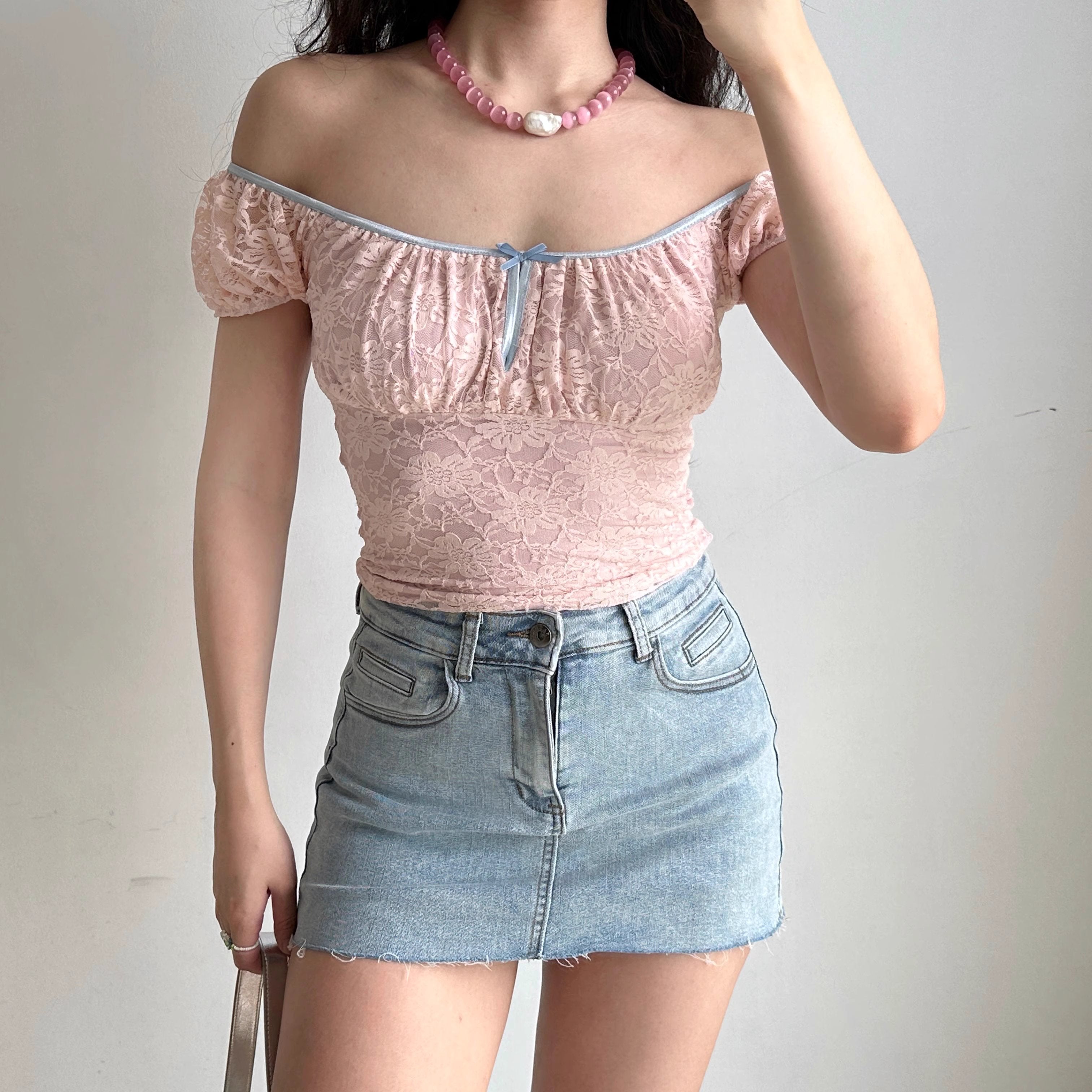 Pink Lace & Pearl Sleeve Top