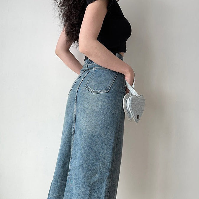 Retro Wash Denim Midi Skirt
