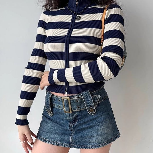Knitted Stripe Double Zipper Cardigan – Pellucid