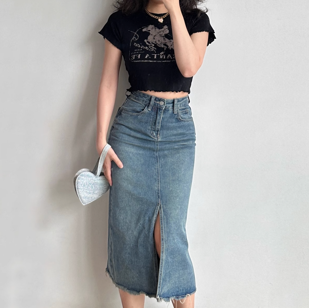 Retro Wash Denim Midi Skirt