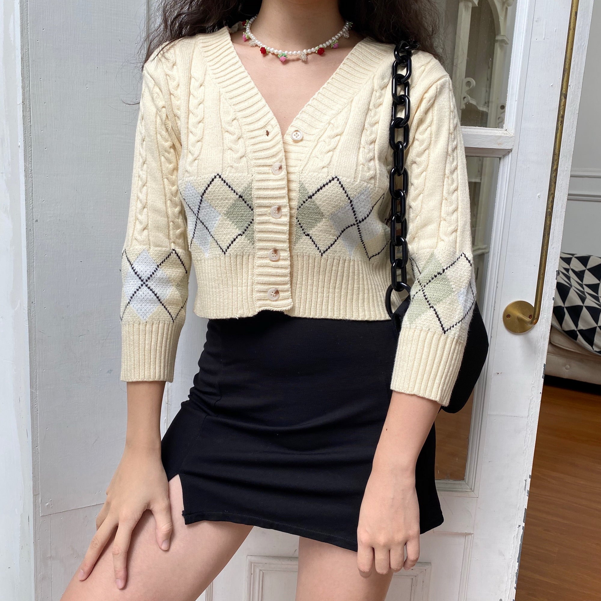 Raquel Cable Knit Argyle Cardigan – Pellucid