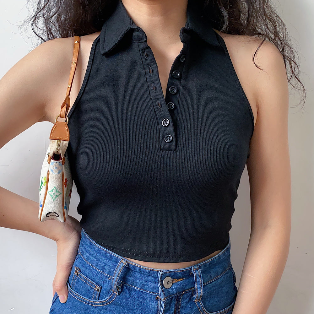 
            
                Load image into Gallery viewer, 70s Slim Polo Halter Top
            
        