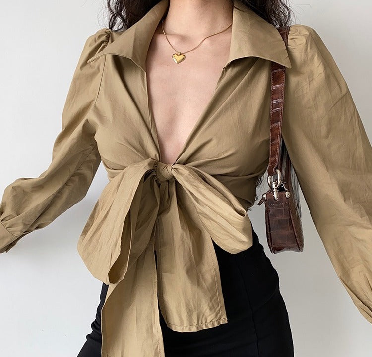 
            
                Load image into Gallery viewer, Cleo Tie Up Top // Khaki
            
        