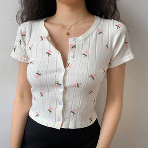 Pink Flower Front Button Tee