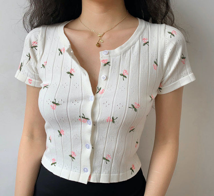 Pink Flower Front Button Tee