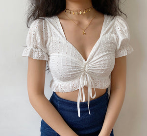 
            
                Load image into Gallery viewer, French White V-Neck Lace Top
            
        