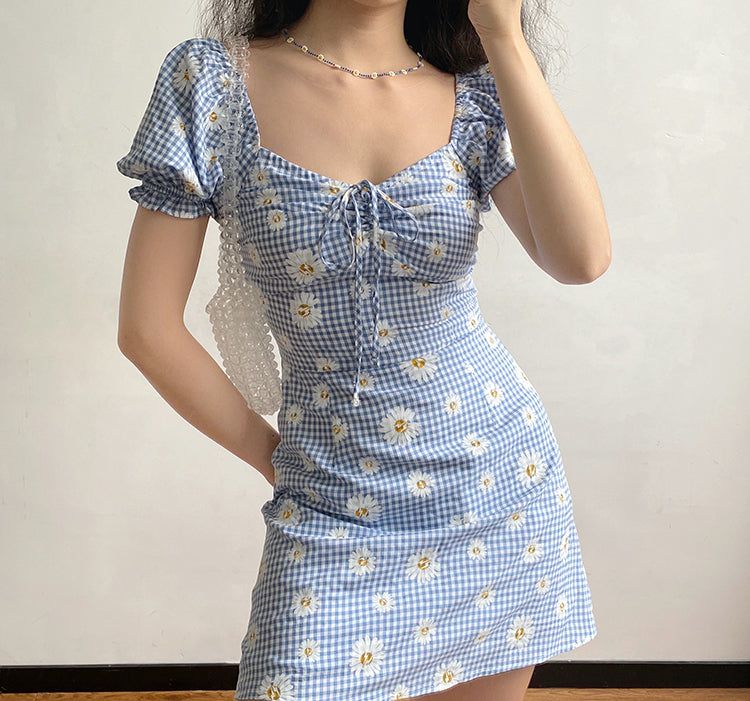 
            
                Load image into Gallery viewer, Daisies Gingham Picnic Dress ~ HANDMADE
            
        