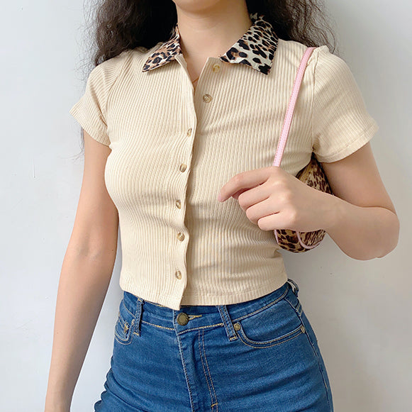 
            
                Load image into Gallery viewer, Leopard Collar Polo // Tan
            
        