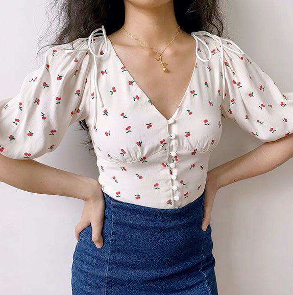 French Cherry V-Neck Top~ HANDMADE