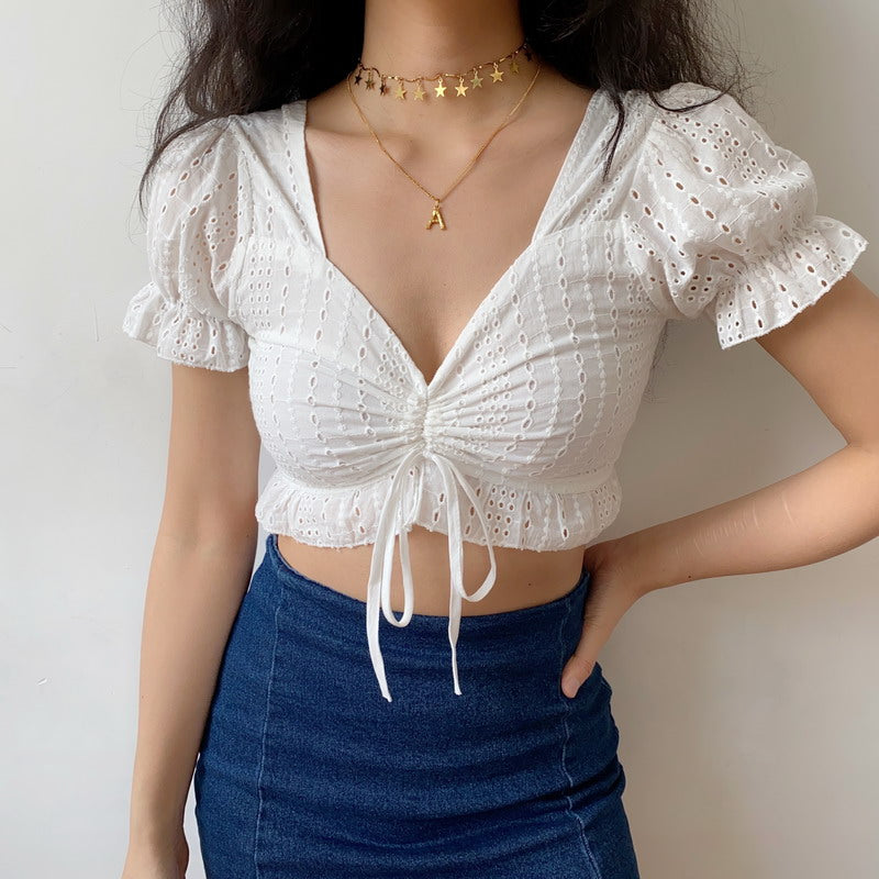 
            
                Load image into Gallery viewer, French White V-Neck Lace Top
            
        