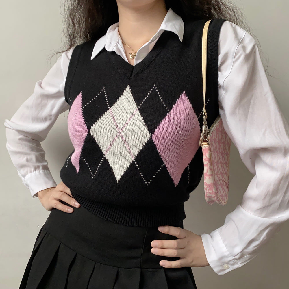 Womens Vest Pink Argyle Sweater Vest Women's 90s Adult Argyle Pink