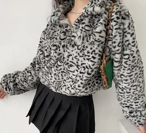 Leopard Plush Drawstring Coat