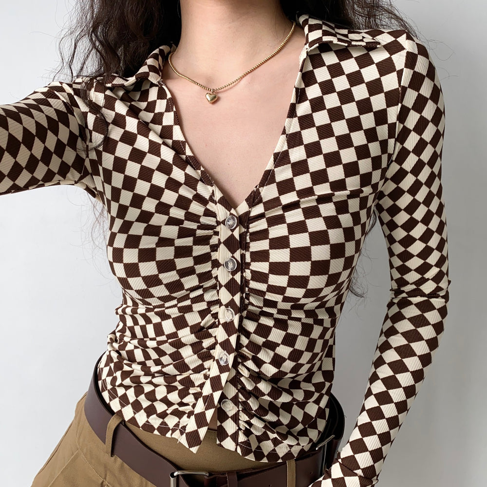 Checkerboard Stretch Button Through Top  ~ HANDMADE