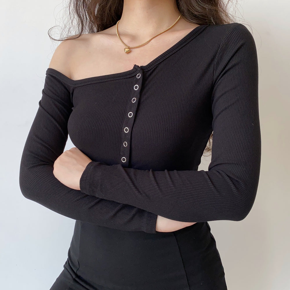 
            
                Load image into Gallery viewer, Off-Shoulder Asymmetrical Threaded Shirt
            
        