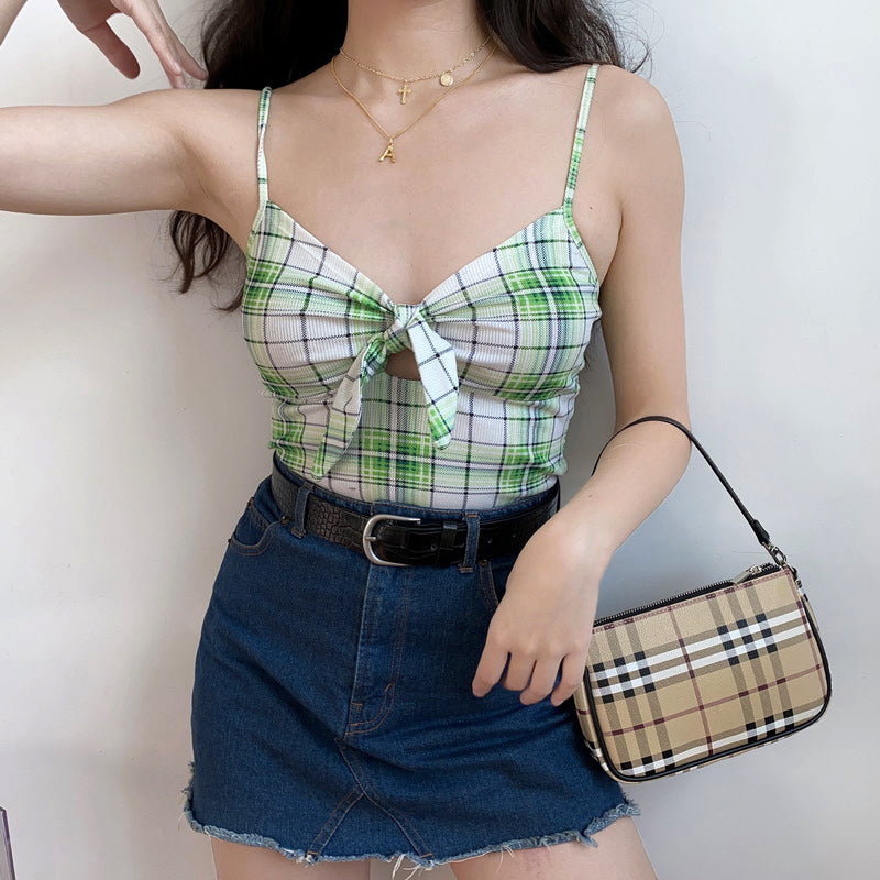 
            
                Load image into Gallery viewer, Lime Plaid Bow tie Cami [Handmade] - Pellucid
            
        