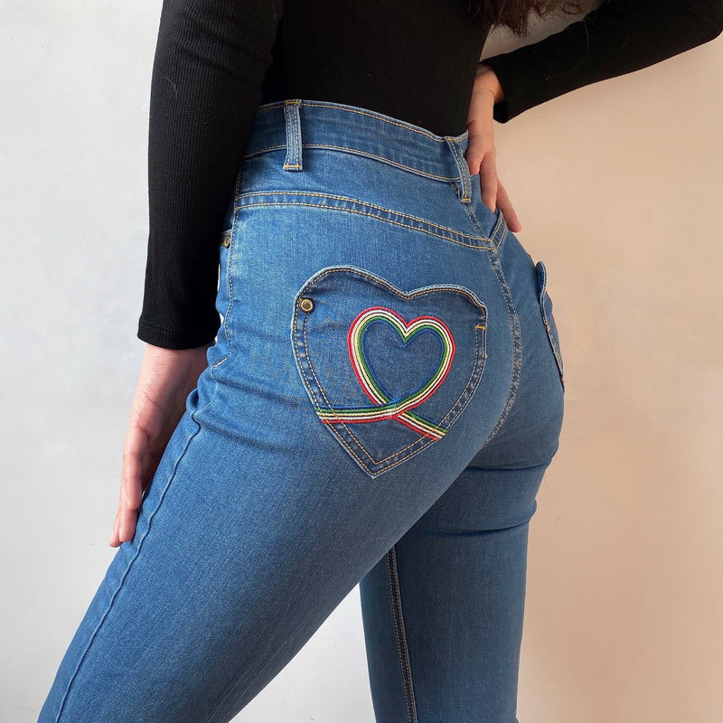 Rainbow Love Heart Bell Bottom Jeans [Handmade] - Pellucid