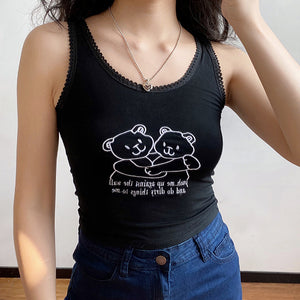 
            
                Load image into Gallery viewer, Hug Bear Graphic Lace Tank [Handmade] - Pellucid
            
        