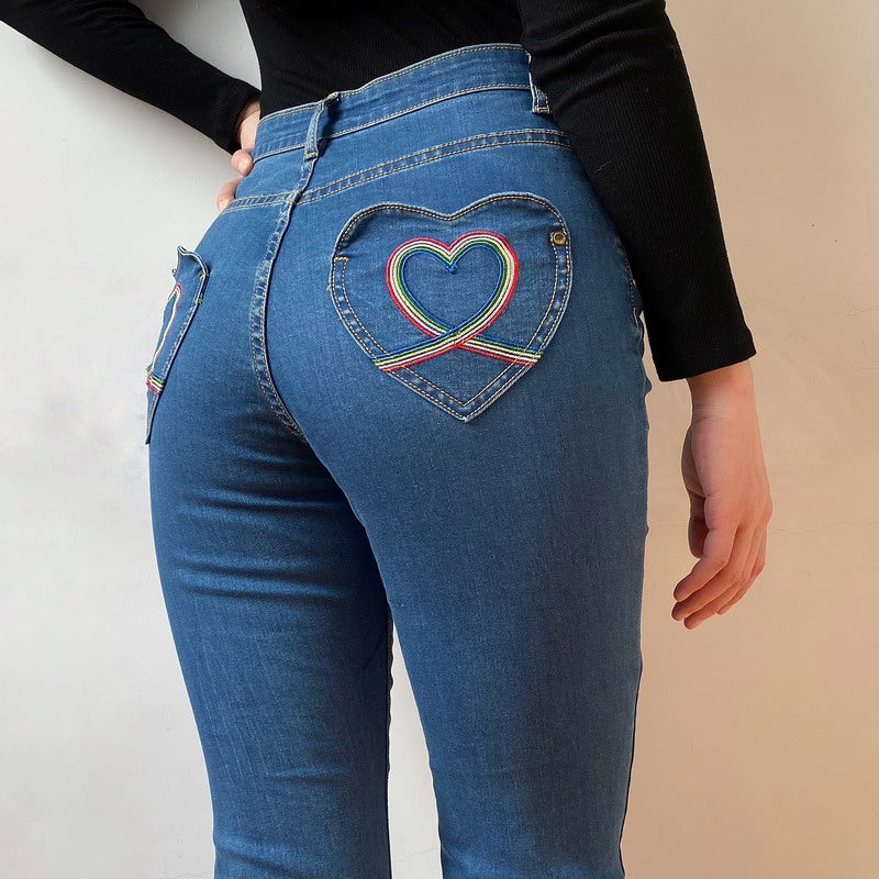 
            
                Load image into Gallery viewer, Rainbow Love Heart Bell Bottom Jeans [Handmade] - Pellucid
            
        