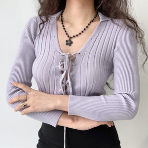 Lilac Lace Up Knit Cardigan