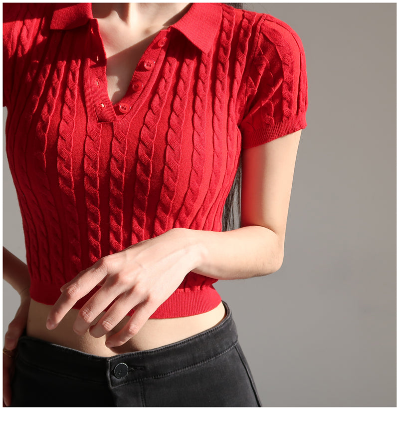 Knit Polo Crop Top // Red