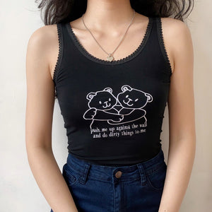 
            
                Load image into Gallery viewer, Hug Bear Graphic Lace Tank [Handmade] - Pellucid
            
        