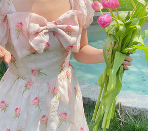 
            
                Load image into Gallery viewer, Pink Tulip Bow Romper ~ HANDMADE
            
        