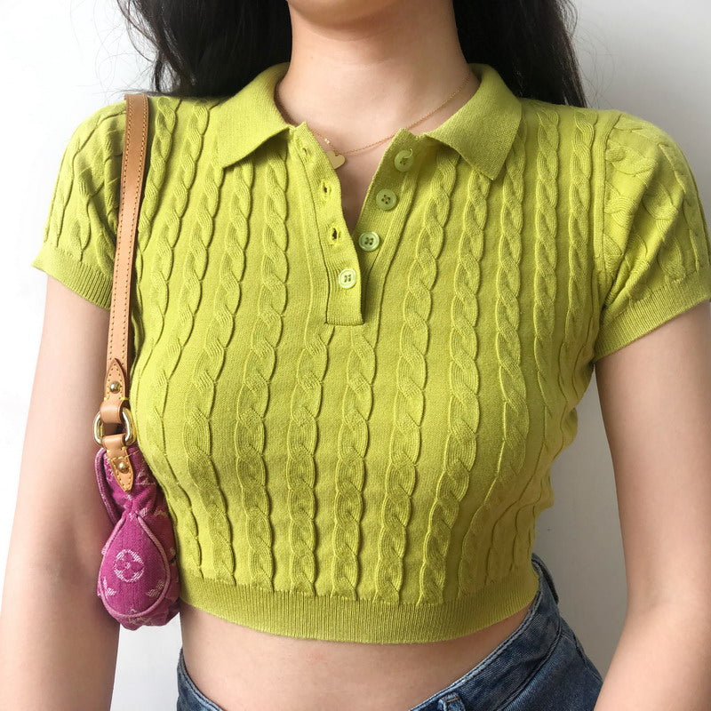 
            
                Load image into Gallery viewer, Knit Polo Crop Top - Pellucid
            
        