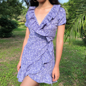 Purple Floral Ruffled Wrap Dress - Pellucid