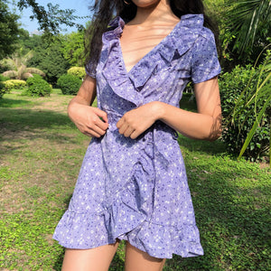 Purple Floral Ruffled Wrap Dress - Pellucid