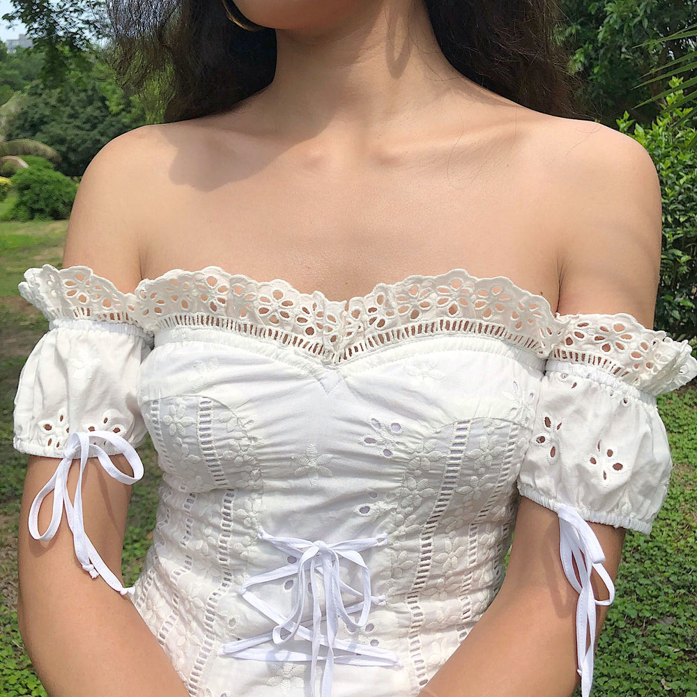 anabelle eyelet lace up dress For Love & Lemons Anabelle Eyelet Lace Up Dress in White